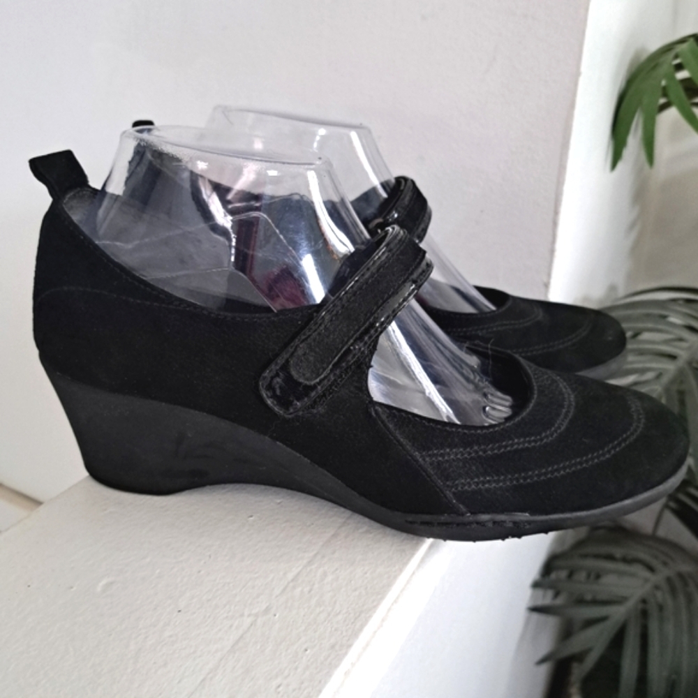Black Mary Jane Suede Wedge Shoes